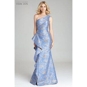 Teri Jon by Rickie Freeman One-Shoulder Side Ruffle Gown, Size 6, Sky Blue